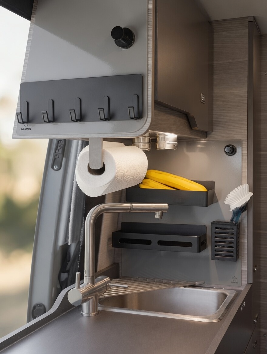 Galley of a Jayco Terrain 19Y style camper van with a Slate Acorn Stash Kitchen Magnetic Board behind the sink holding bananas, a sponge tray, and a dish brush cup, plus an upper board with a five-hook rail and a hanging paper towel roll.